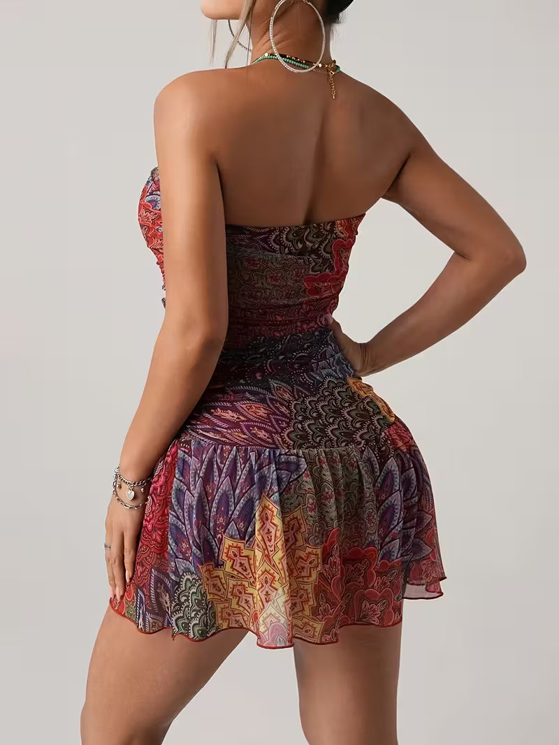 Women's Bohemian Floral Print Strapless Mini Dress