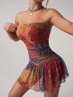 Women's Bohemian Floral Print Strapless Mini Dress
