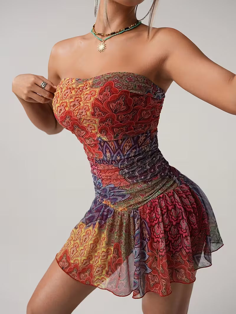 Women's Bohemian Floral Print Strapless Mini Dress