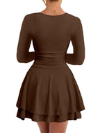 Women’s Square Neck Mini Dress – Ruched Waist Long Sleeve Corset Party