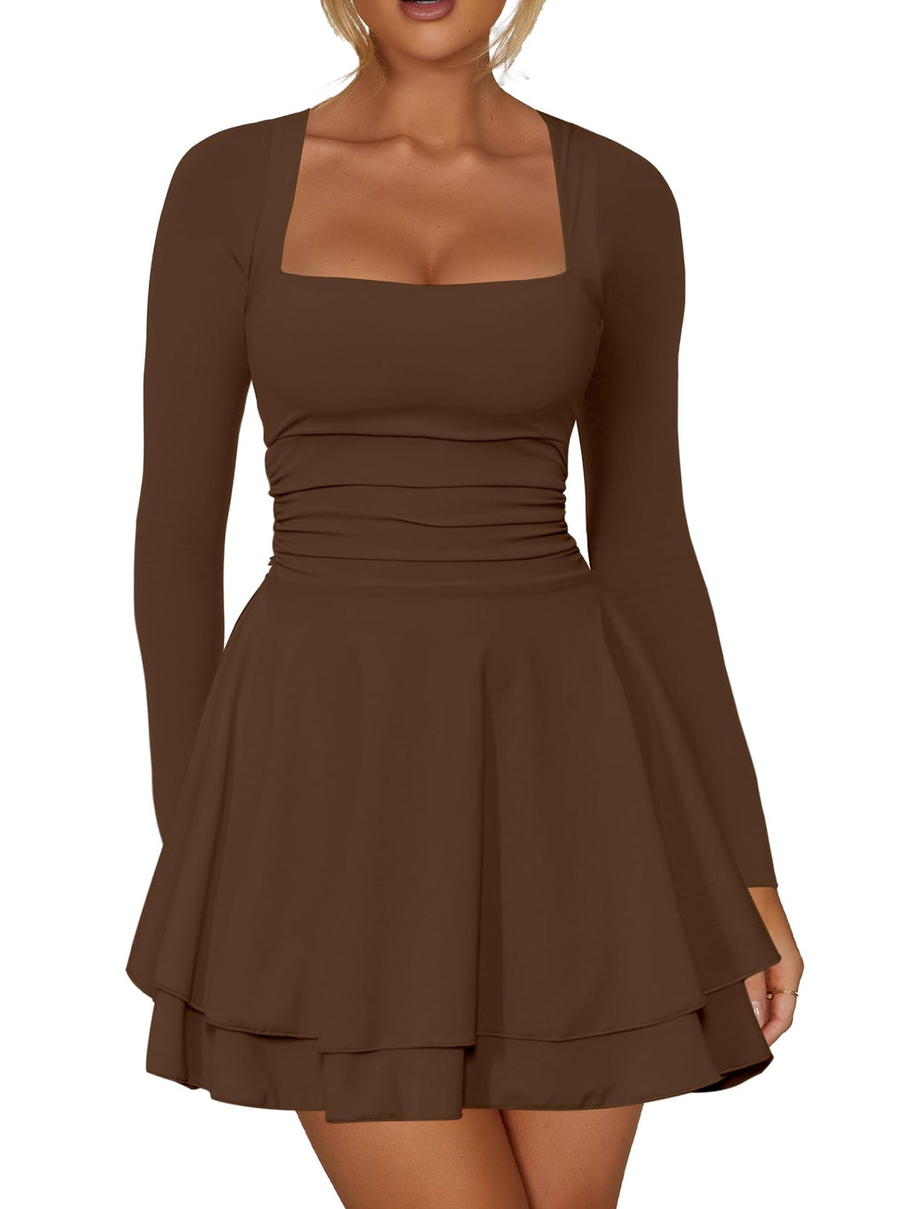 Women’s Square Neck Mini Dress – Ruched Waist Long Sleeve Corset Party