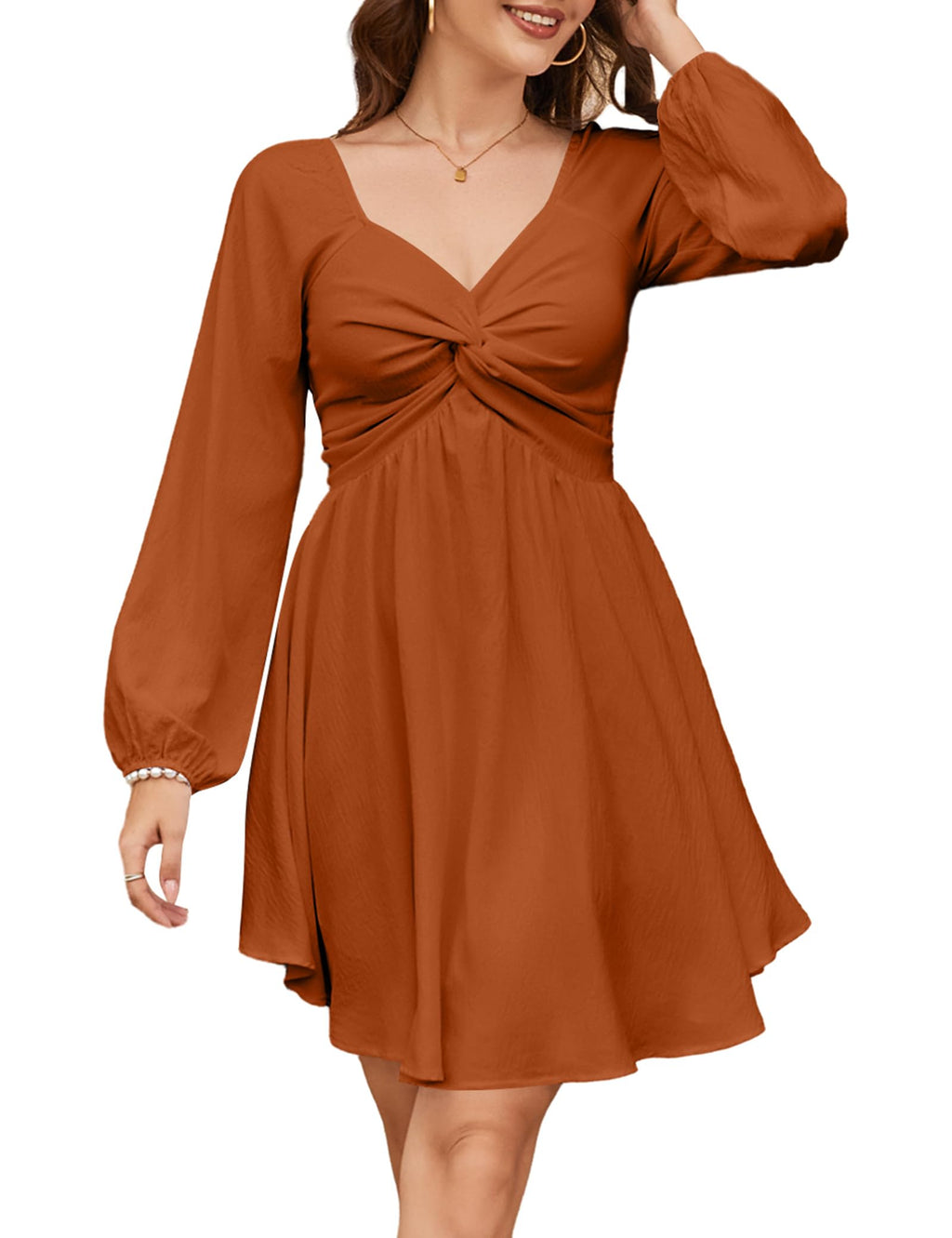 Women’s Sweetheart Knot Front Mini Dress – Lantern Sleeve Smocked Back