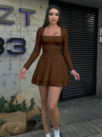 Women’s Square Neck Mini Dress – Ruched Waist Long Sleeve Corset Party