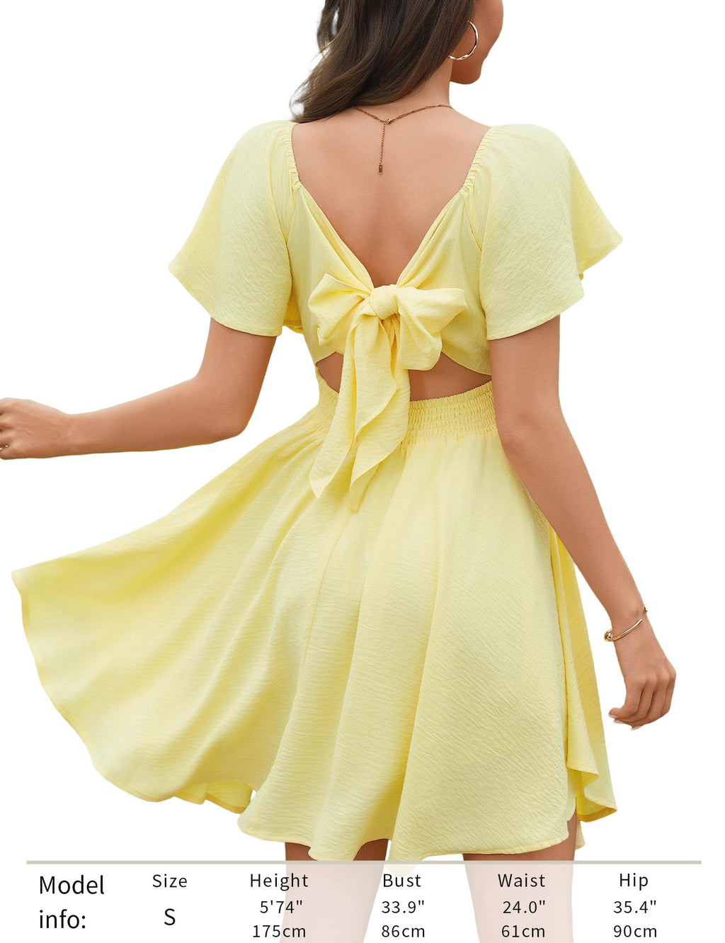 Women’s Sweetheart Knot Front Mini Dress – Flutter Sleeve Tie Back A-Line