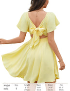 Women’s Sweetheart Knot Front Mini Dress – Flutter Sleeve Tie Back A-Line