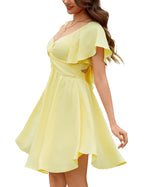 Women’s Sweetheart Knot Front Mini Dress – Flutter Sleeve Tie Back A-Line