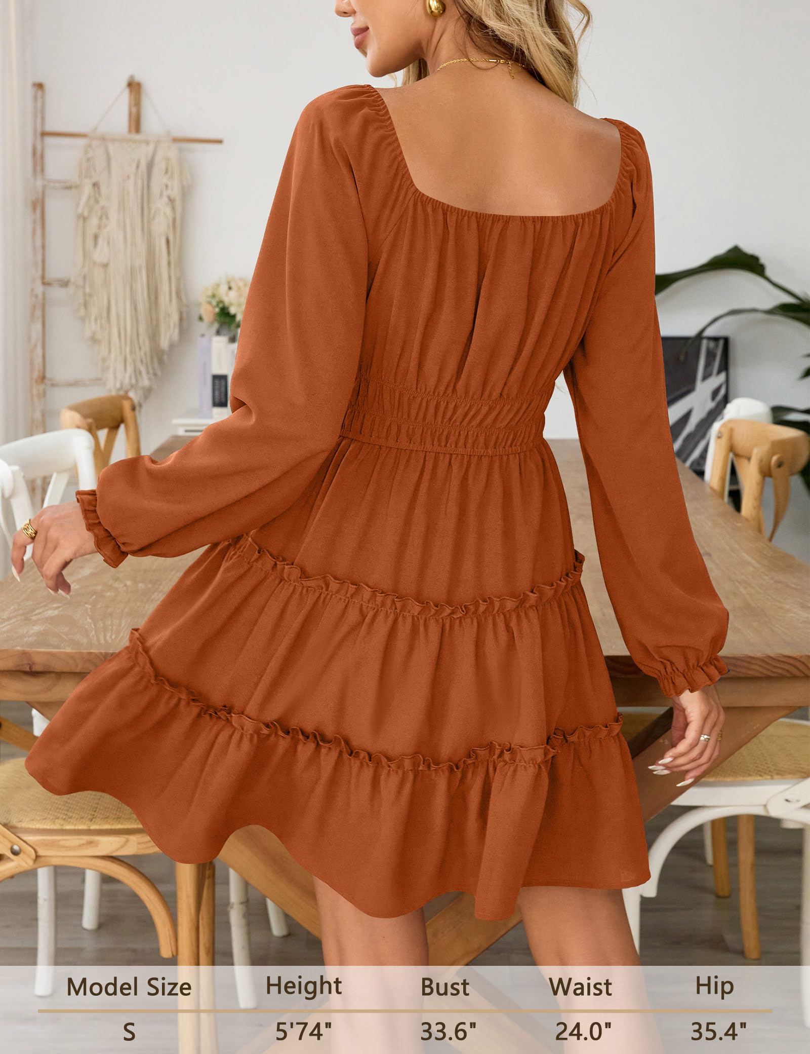 Women’s Square Neck Long Sleeve Mini Dress – Tiered Ruffle A-Line
