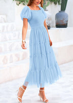 Women’s Smocked Tulle Midi Dress 2025 – Puffy Sleeve Square Neck