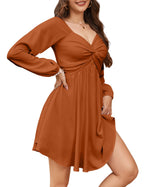 Women’s Sweetheart Knot Front Mini Dress – Lantern Sleeve Smocked Back