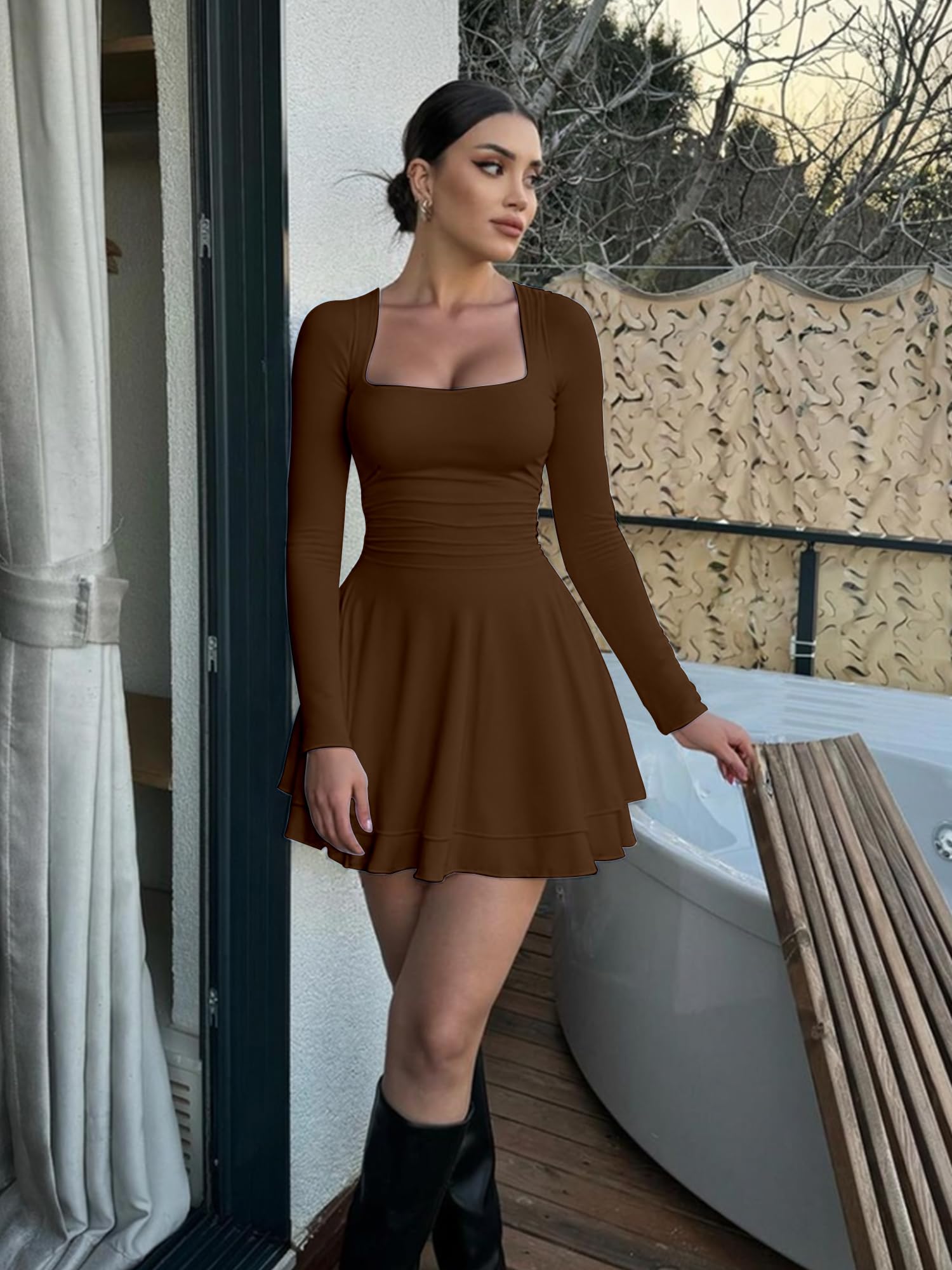 Women’s Square Neck Mini Dress – Ruched Waist Long Sleeve Corset Party