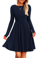 Women’s Ribbed Knit Fall Short Dress – Long Sleeve Crewneck A-Line
