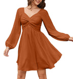 Women’s Sweetheart Knot Front Mini Dress – Lantern Sleeve Smocked Back