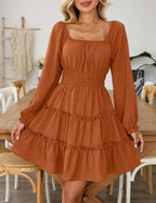Women’s Square Neck Long Sleeve Mini Dress – Tiered Ruffle A-Line