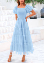Women’s Smocked Tulle Midi Dress 2025 – Puffy Sleeve Square Neck