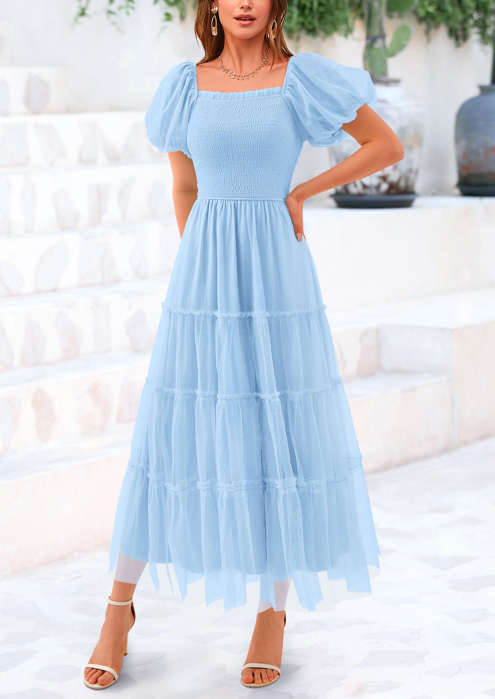 Women’s Smocked Tulle Midi Dress 2025 – Puffy Sleeve Square Neck