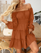 Women’s Square Neck Long Sleeve Mini Dress – Tiered Ruffle A-Line