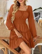 Women’s Square Neck Long Sleeve Mini Dress – Tiered Ruffle A-Line