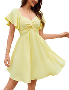 Women’s Sweetheart Knot Front Mini Dress – Flutter Sleeve Tie Back A-Line