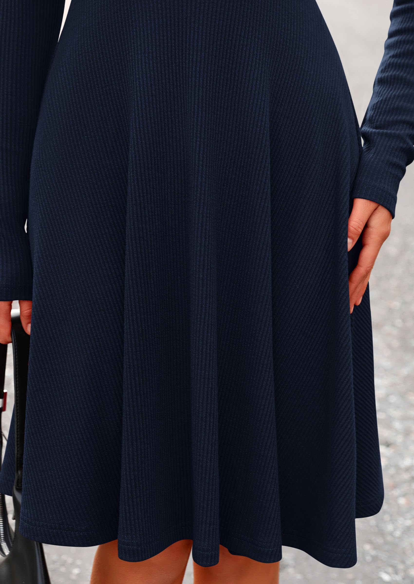 Women’s Ribbed Knit Fall Short Dress – Long Sleeve Crewneck A-Line