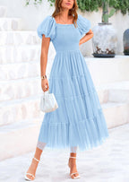 Women’s Smocked Tulle Midi Dress 2025 – Puffy Sleeve Square Neck