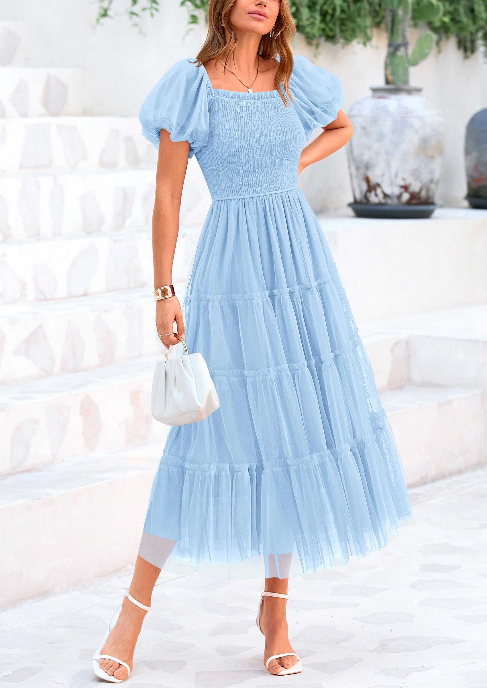 Women’s Smocked Tulle Midi Dress 2025 – Puffy Sleeve Square Neck