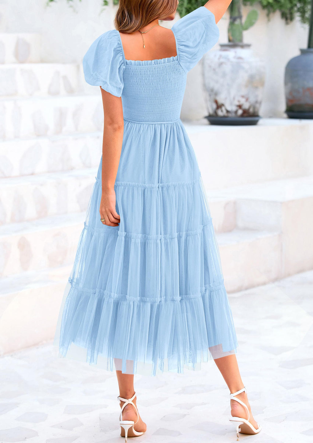Women’s Smocked Tulle Midi Dress 2025 – Puffy Sleeve Square Neck