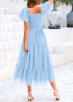 Women’s Smocked Tulle Midi Dress 2025 – Puffy Sleeve Square Neck