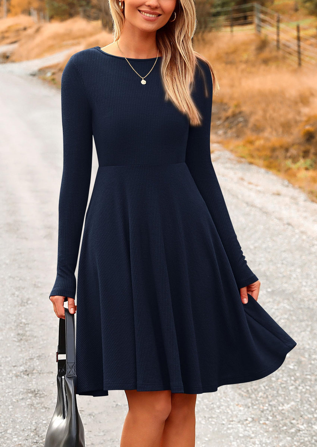 Women’s Ribbed Knit Fall Short Dress – Long Sleeve Crewneck A-Line
