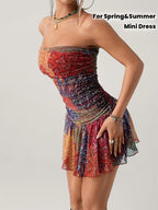 Women's Bohemian Floral Print Strapless Mini Dress